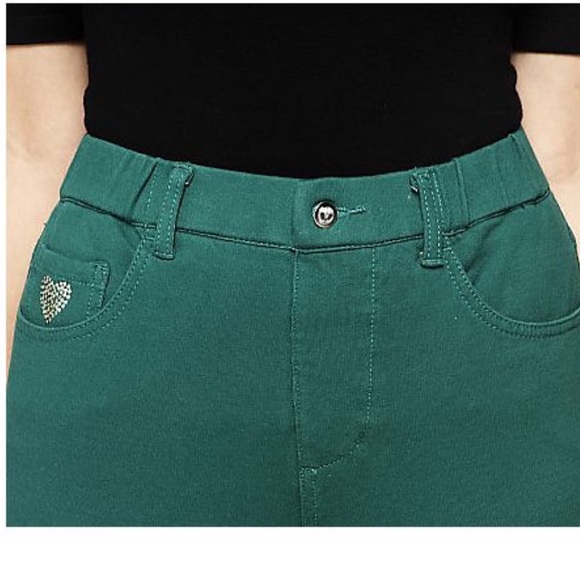 NWT SZ L Quacker Factory Regular DreamJeannes Winter Motif Pants GREEN HOLLY - Picture 9 of 9